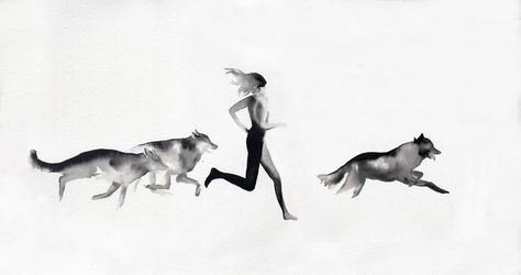 Running With Wolves, Wolf Girl Tattoos, Running Tattoo, Wolf Running, Wolf Illustration, Wolves And Women, Tattoos For Women Half Sleeve, Ink On Canvas, Wolf Girl