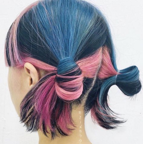 Black Blue And Pink Hair, Blue Color Block Hair, Blue Pink Hair, Pink Black Hair, Pink And Blue Hair, Blue And Pink Hair, Peinados Fáciles Para Cabello Corto, Heart Hair, Haircut And Color