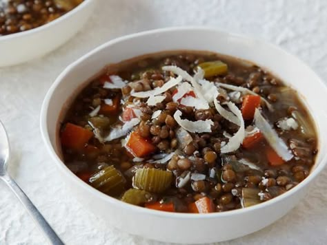 Get Lentil Vegetable Soup Recipe from Food Network Turkey Chowder, Soup Turkey, Lentil Vegetable Soup, French Green Lentils, Vegetable Soup Recipe, Ina Garten Recipes, Healthy Weeknight Dinners, Lentil Soup Recipes, Vegetable Soup Recipes