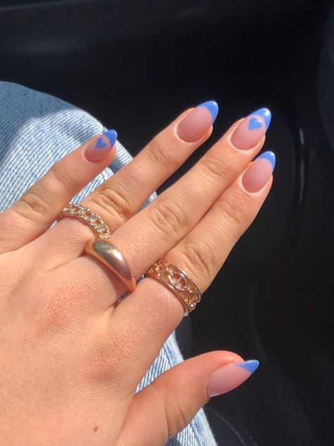 Blue Nails For Valentines Day, Recruitment Nails, Blue Nails With Heart, Blue Valentine Nails, Blue Heart Nails, Nails Inspo Summer, Rounded Acrylic Nails, Sky Blue Nails, Nails Neutral