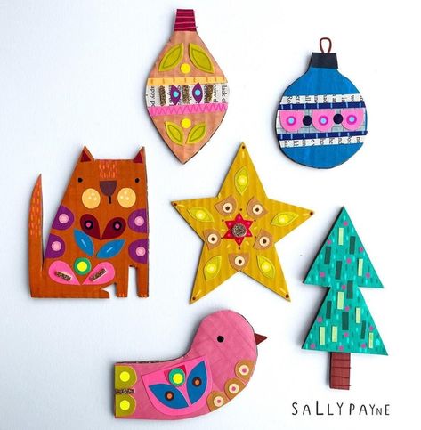 Cardboard Christmas Decorations, Cardboard Christmas Ornaments, Collage Ornaments, Cardboard Ornaments, Christmas Papercut, Sally Payne, Alternative Christmas, Xmas Deco, Club Ideas