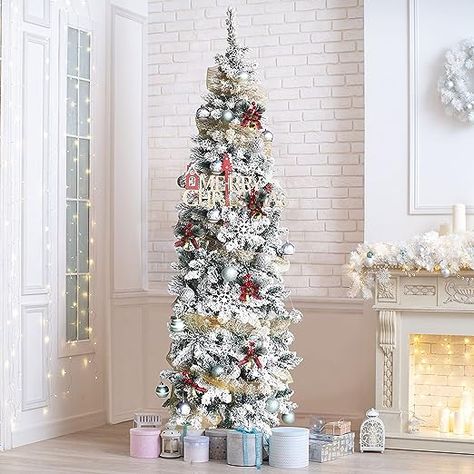 This artificial snow flocked pencil Christmas tree with warm white color lights can add your home the best holiday atmosphere! This is a prefect snow flocked Christmas pencil tree with lights if you are finding something durable, non-toxic, environmental-friendly and reusable for next few years. All branches of this pencil Christmas tree are made of high-quality PVC material, which is long-lasting, non-toxic and anti-allergic. #sponsored White Artificial Christmas Tree, Pencil Tree, Office Rooms, 6ft Christmas Tree, Flocked Tree, Led Christmas Tree Lights, Tree With Lights, Slim Christmas Tree, Christmas Tree With Snow