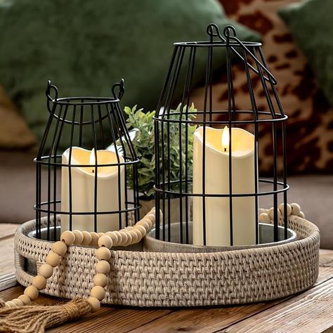 Rustic Lanterns Home Decor, Farmhouse Mantle Decorating Ideas, Black Lantern Decor, Living Room Side Table Decor, Lantern Decor Diy, Farmhouse Lantern Decor, Remote Control Candles, Farmhouse Cozy, Real Candles