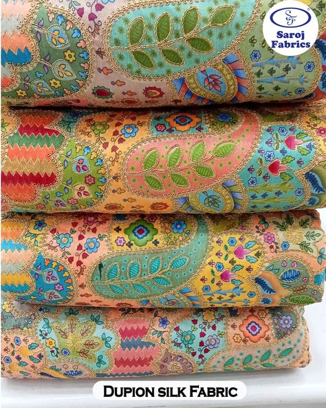 Visit "Saroj Fabrics" stores in Mumbai (Khar, Borivali), Pune and Jaipur; "Print with Embroidery Dupion Silk Fabric" shop on DM or whatsapp +91 9930027480, +91 8108971305 to order #sewingcommunity #sewing #indianfabrics #indiantextile #textileofindia #cloth #indianclothes Indian Silk Fabric, Kalam Kari, Digital Saree, Anarkali Kurtis, Print With Embroidery, Men's Kurta, Raw Silk Fabric, Print Design Pattern, Computer Embroidery