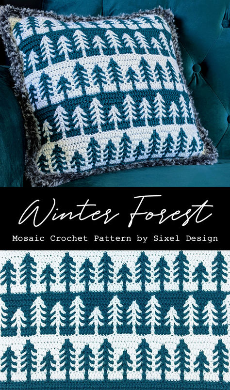 Create a wintery scene with this mosaic crochet pine tree pattern. Includes instructions to create a set of placemats, and a pillow. Pattern includes 2 different charts for creating even trees or staggered with different heights. You can easily use the charts to create anything from blankets, table runners, bags, pillows, apparel and more!  #mosaiccrochet #crochetpattern #wintercrochet #forestcrochet #wilderness #backwoods #sixeldesign Winter Forest Crochet, Mountains Crochet Blanket, Christmas Mosaic Crochet Pattern, Crochet Trees Pattern, Nordic Crochet Patterns, Crochet Pine Tree, Pine Tree Crochet, Forest Crochet, Tree Crochet Pattern