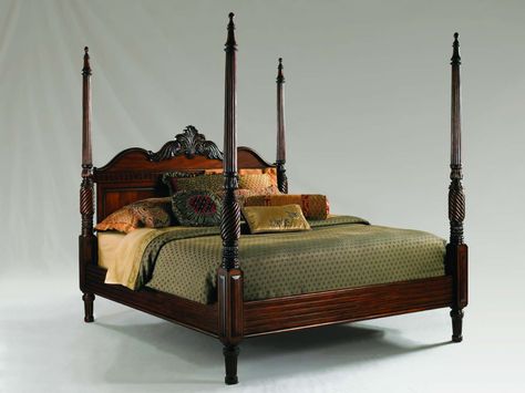 Beautiful bed in dark wood, with oriental style textiles. Gold, green and brown. Carved Bed, Comfortable Bedroom Decor, Carved Beds, Carved Headboard, Mexico House, Lexington Home, British Colonial Style, Style Bed, Lexington Furniture