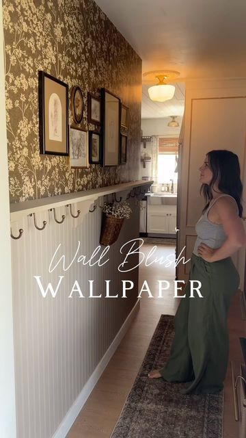 Narrow Entryway Decor, Accent Wall Entryway, Wall Blush, Hallway Gallery Wall, Hall Wallpaper, Hallway Makeover, Dining Roo, Blush Wallpaper, Entry Wall