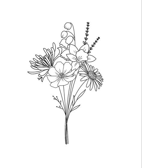 Linework Flower Bouquet, Linework Bouquet Tattoo, Simple Wildflower Bouquet Drawing, Flower Bouquet Sketch Simple, 5 Flower Bouquet Tattoo, Bouquet Of Flower Tattoo, Minimalistic Flower Drawing, Flower Bunch Tattoos, Simple Flower Bouquet Tattoo