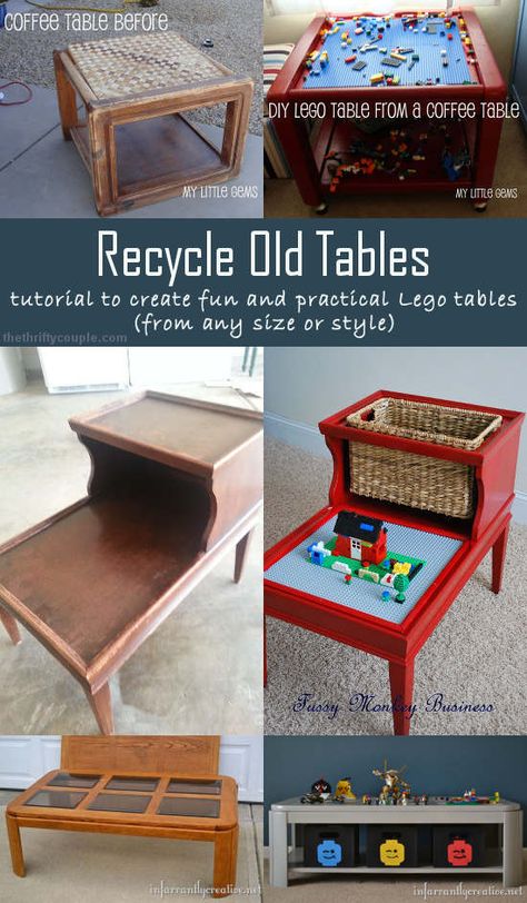 5 DIY Ideas to Recycle Old Tables (like coffee or side tables) into awesome, practical, fun Lego Tables. Lego Table Diy, Old Tables, Old Table, Lego Table, Refurbished Furniture, Lego Duplo, Furniture Deals, Flipping Furniture, Redo Furniture