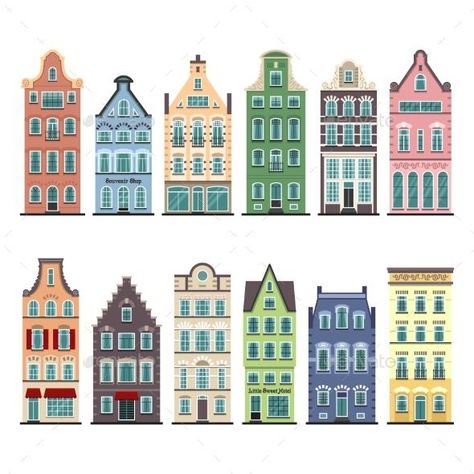 Set of 12 Amsterdam Old Houses Cartoon Facades for $8 - GraphicRiver #BestDesignResources House Cartoon, Amsterdam Houses, Dutch House, Building Illustration, Posca Art, This Old House, House Illustration, House Drawing, Traditional Architecture