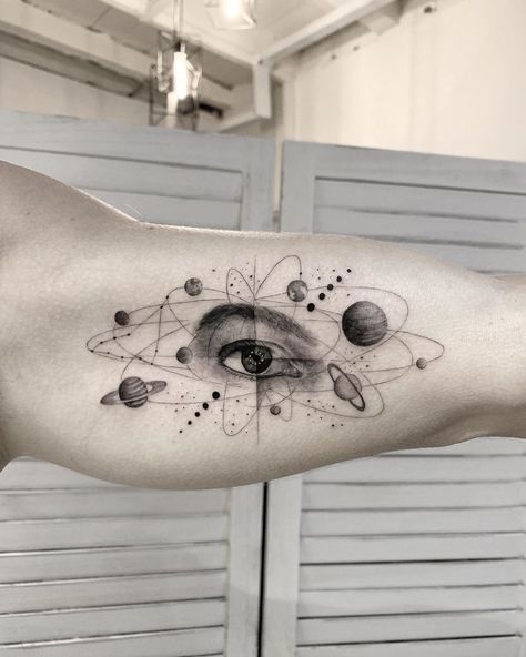 Geometric Universe Tattoo, Solar System Tattoos, Astronomy Tattoo, Dna Tattoo, Solar System Tattoo, Astronaut Tattoo, Universe Tattoo, Men's Fashion Tips, Planet Tattoos