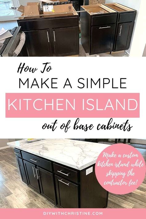 How To Make A Simple Kitchen Island Out Of Base Cabinets How To Add A Kitchen Island, Lowes Kitchen Island Cabinets, Add On Kitchen Island, Easy Island Diy, Kitchen Island Made From Base Cabinets, Added Kitchen Island, Inexpensive Kitchen Island Ideas, Kitchen Island Plans Layout, Build Island With Cabinets