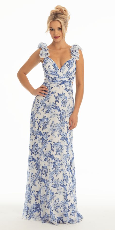 Look poised and picture perfect for your bride's special day in the Floral Print Chiffon Column Dress with Ruffle Shoulders. The features of this bridesmaid dress include a sweetheart neckline flowing from ruffle shoulder straps, fitted ruched bodice with side cut outs chiffon floral print a-line skirt and short lace up back with keyhole. Finish the radiant look with chunky platform sandals and pave drop earrings. Floral Dresses Bridesmaid, Mismatched Bridesmaids Blue, Blue Floral Bridesmaid Dresses, Floral Maxi Dress Wedding, Gowns For Plus Size Women, Fem Outfits, Light Blue Wedding Dress, Floral Print Chiffon Maxi Dress, Magical Fashion