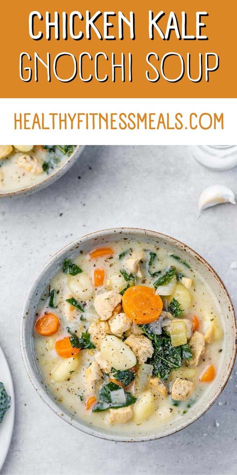 Chicken Kale Gnocchi Soup, Kale Gnocchi, Creamy Chicken Gnocchi Soup, Creamy Chicken Gnocchi, Chicken Kale, Eat More Chicken, Olive Garden Copycat, Cozy Soup, Fitness Meals