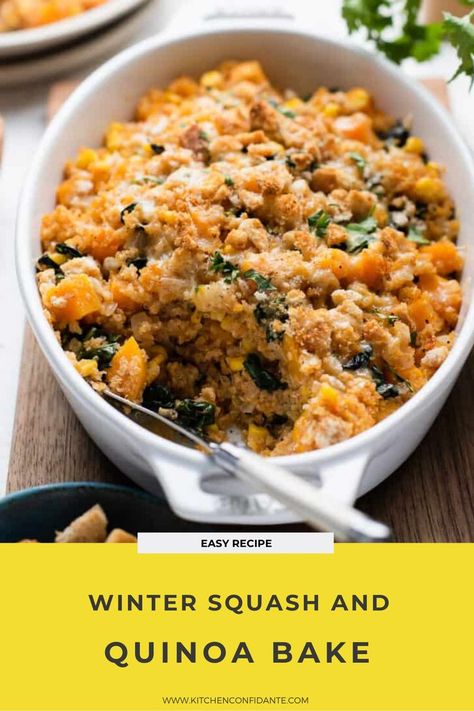 Winter Squash and Quinoa Bake in a white skillet. Butternut Squash Chicken Sausage And Kale Quinoa Skillet, Chicken Quinoa Casserole, Simple Quinoa, Corn Quinoa, Quinoa Bake, Butternut Squash Casserole, Butternut Squash Kale, Butternut Squash Quinoa, Quinoa Casserole