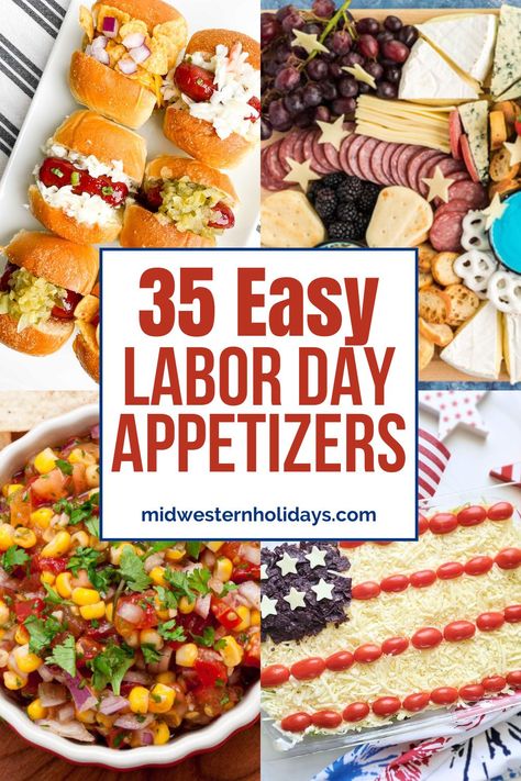 Kick off the holiday with these tasty, easy Labor Day appetizer recipes. Here you'll find the most delicious dip and hummus recipes, wings, bruschetta, jalapeno poppers, deviled eggs, pinwheels, and more favorite Labor Day food ideas. Labor Day Easy Food Ideas, Labor Day Snacks Appetizers, Labor Day Dip Recipes, Labor Day Potluck Ideas, Labor Day Snack Ideas, Labor Day Charcuterie Board, Labor Day Menu Ideas Easy, Healthy Labor Day Recipes, Labor Day Bbq Food