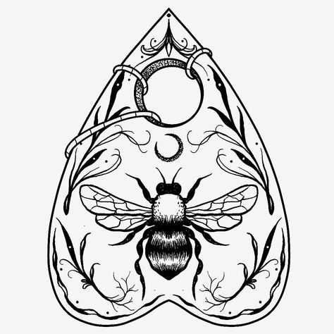 Small Ouija Tattoo, Witchy Planchette Tattoo, Throat Tattoo Drawings, Creepy Bee Tattoo, Planchette Flash Tattoo, Nature Witch Tattoo Ideas, Honeycomb Art Design, Let It Be Tattoo With Bee, Witchy Drawings Easy