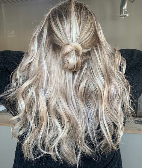 Full Teasy Lights, Whole Head Highlights Blondes, Bright Blonde With Lowlights And Money Piece, Full Blond Highlights, Whole Head Of Highlights, Partial Platinum Highlights, Foil Blonde Highlights Full, Full Head Highlights With Root Smudge, Full Head Of Blonde Foils On Brown Hair