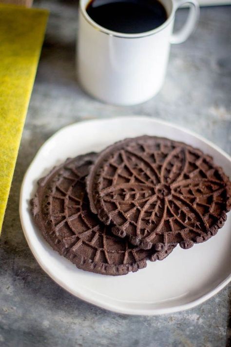 This Chocolate Pizzelle recipe pairs perfectly with your morning coffee. #tmio #chocolate #sweets Chocolate Pizzelle Recipe, Pizzelle Recipes, Pizzelle Cookies, Pizzelle Recipe, Gf Sweets, Chocolate Wafer Cookies, Cookie Crisp, King Arthur Baking, Waffle Cookies