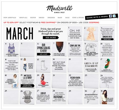 calendar from Madewell Fashion Web Design, Magazine Ideas, Email Marketing Design Inspiration, Calendar Layout, Marketing Calendar, Digital Marketing Design, Corny Jokes, Email Marketing Design, Event Program