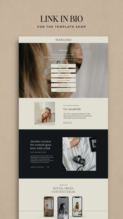 Link in Bio Website Template for Online Business Owners / by Studio Designs Bio Website Design, Website Inspo Layout, Sophisticated Website Design, Link In Bio Template, Website Aesthetic Design, Luxury Website Design Inspiration, Blog Website Design Layout, About Me Website, Moody Website Design