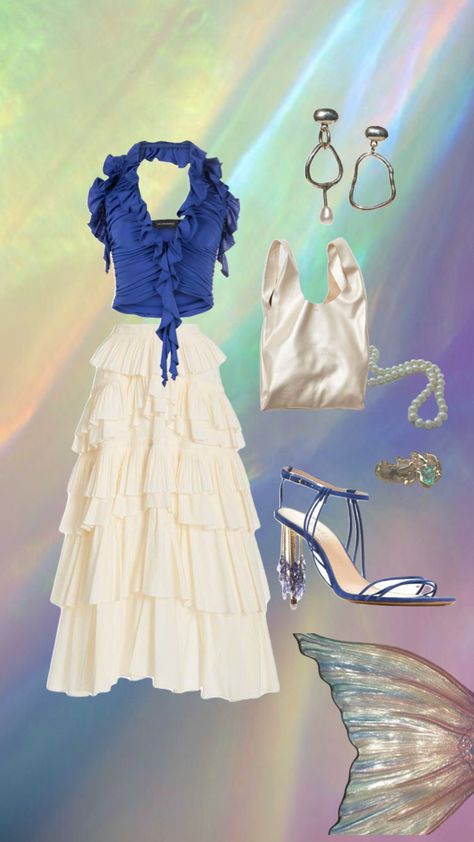 Oceananic outfit vibe #mermaidcore #mermaid #outfitinspo #mermaidlook #blue #whiteskirt #skirt #heels #top Mermaidcore Outfit, Sirencore Outfits, Mermaid Outfit, Mermaid Inspired, Fairy Angel, Glam Rock, Rock Style, White Skirts, Outfits Aesthetic