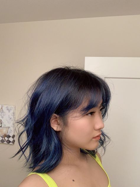 Blue Medium Length Hair, Midnight Blue On Black Hair, Navy Blue Bob Hair, Blue Dye Over Brown Hair, Dark Denim Blue Hair, Dark Blue Shirt Hair, Black To Dark Blue Hair, No Bleach Blue Hair, Dark Blue Hair Styles