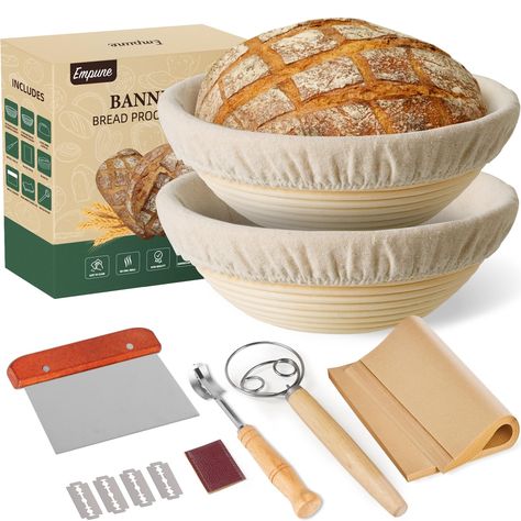 PRICES MAY VARY. 🍞𝘼𝙢𝙖𝙯𝙞𝙣𝙜 𝙂𝙞𝙛𝙩 𝙛𝙤𝙧 𝘽𝙧𝙚𝙖𝙙 𝘽𝙖𝙠𝙚𝙧 - Our sourdough bread making kit contains all baking accessories and essentials to bake the bread nourishing, wholesome, and beautiful with your hands. It's a gorgeous baking supplies for home bakers, professionals or beginners. 🍞𝘾𝙧𝙚𝙖𝙩 𝙃𝙖𝙥𝙥𝙮 𝙁𝙖𝙢𝙞𝙡𝙮 𝙈𝙚𝙢𝙤𝙧𝙞𝙚𝙨 - Bread baking is a cherished tradition, passing down love and baking skills from mothers to childs. This sourdough proofing basket set could hel Bread Making Tools, Sourdough Proofing, Bread Proofing Basket, Bread Proofing, Baking Skills, Bread Lame, Proofing Baskets, Dough Scraper, Bread Baker