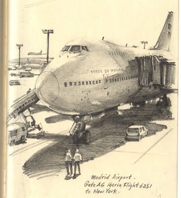 This is a small pencil drawing, only about 4 by 5 inches. But I wanted to give it scale, to make the airplane look as big as possible. What I did was alternate the big shapes (the fuselage and the big shadow shape) with some very small, delicate touches: the windows, poles, railings, and figures. I also left off the contour lines on the top of the airplane's form, letting it blend into the sky. Scale has nothing to do with the size of the drawing itself. It's all about the contrasts within... Airplane Window Drawing, Location Sketch, Aircraft Sketch, Airplane Sketch, Old Sketchbook, James Gurney, Plane Drawing, Airplane Drawing, Window Drawing