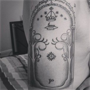 Doors of Durin tattoo Doors Of Durin, Lotr Art, Tattoo Inspo, Thigh Tattoo, Lord Of The Rings, The Hobbit, Tattoo Ideas, Doors, Tattoos