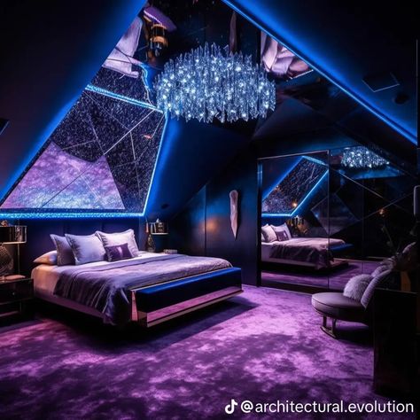 Futuristic Room Design, Wall Colors Bedroom, Lighting Ideas Bedroom, Bedroom Ideas Small Spaces, Remodeling Bedroom, Bedrooms Decorations, Violet Bedroom, Edgy Bedroom, Bedroom Inspirations For Small Rooms