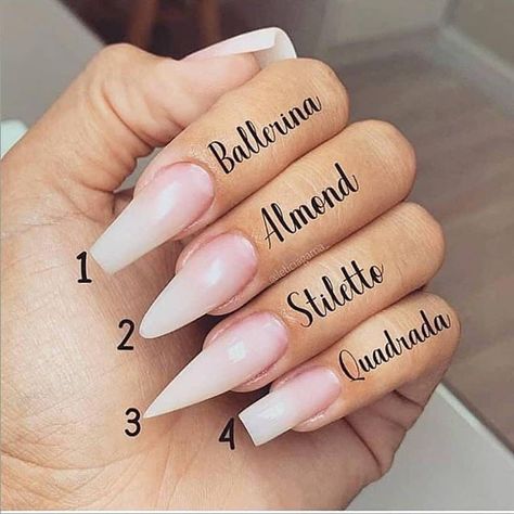 1 2 3 or 4?  Ballerina Almond Stiletto or Quadrada?  Which nail shape you like more ? cr: @leticiagama_ Acrylic Nail Shapes, Nagel Tips, Ballerina Nails, Nagel Inspo, Pretty Acrylic Nails, Nail Shapes, Cute Acrylic Nails, Perfect Nails, Nails Acrylic