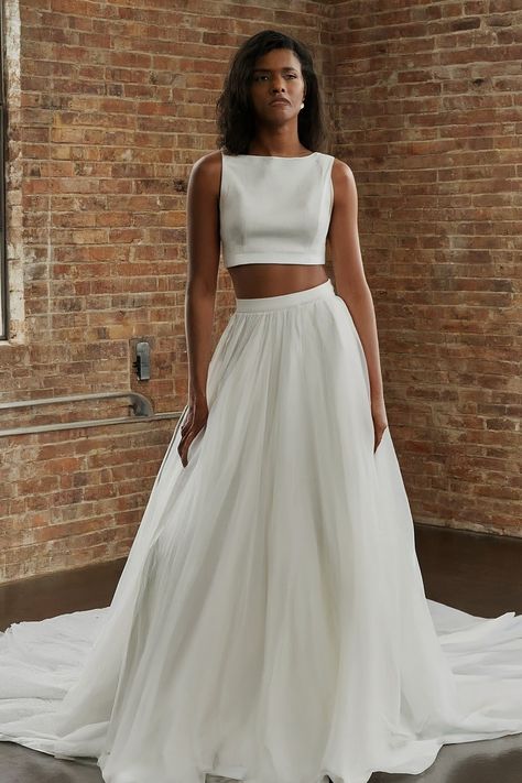 Break the mold with this modern two-piece wedding dress. 2 Parts Wedding Dress, Crop Top Wedding Dress Two Pieces, Wedding Two Piece, Dress With Crop Top, Moh Dress, Two Piece Bridesmaid Dresses, Wedding Dress Two Piece, 2 Piece Wedding Dress, Crop Top Wedding Dress