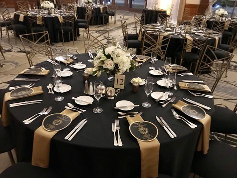 Black And Gold Round Table Setting, Awards Dinner Centerpieces, Black And Gold Round Table Decorations, Black And Gold Gala Dinner Decor, Black And Gold Engagement Party Decor, Black And Gold Wedding Reception Decor, Black And Gold Casino Theme Party, Black White And Gold Table Decorations, Black And Gold Flower Centerpieces