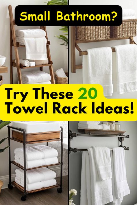 Say goodbye to cluttered towels! These bathroom towel rack ideas will keep your towels neat and add a touch of style to your bathroom. Explore creative options for every style and size. #BathroomStorage #TowelRackIdeas #BathroomDecor #HomeOrganization #SmallBathroomSolutions Bathroom Towel Storage Small Spaces, Freestanding Towel Holder, How To Store Towels In Bathroom, Towel Rack Bathroom Hanging Ideas Small Bathroom, Hanging Towels In Small Bathroom, Bathroom Towel Storage Ideas The Wall, Farmhouse Towel Rack Bathroom, Small Bathroom Towel Hanging Ideas, Towel Rack Bathroom Hanging Ideas