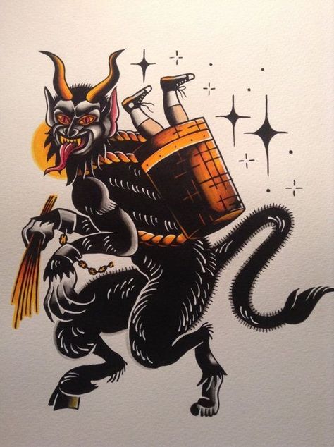 Krampus tattoo design Krampus Tattoo, German Tattoo, Traditional Tattoo Old School, Christmas Tattoo, Tattoo Traditional, Old School Tattoo Designs, Traditional Tattoo Art, Traditional Tattoo Flash, Tattoo Flash Art