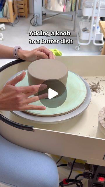 Glaze Me Pretty | Handmade Ceramics on Instagram: "This is how I attach a knob to a butter dish. The dome is on the soft side of leather hard, and the top edge is still not trimmed at this stage (hence the rough shape, as they are thrown upside down).
I score and slip, push the sides of the ball with a wooden tool and throw a rough shape with a little water.
I will leave it under a plastic cover until tomorrow for the moisture to even out and then trim to the final shape.

#potterystudio #potterywheel #wheelthrowing #potterytechniques #handmadeceramics #contemporaryceramics #makerlife" Functional Pottery Butter Dish, Handbuilt Pottery Butter Dish, Handbuilt Butter Dish, Hand Built Ceramic Butter Dish, Ceramic Butter Dishes Handmade, Ceramic Videos, My Score, Wheel Throwing, Plastic Cover