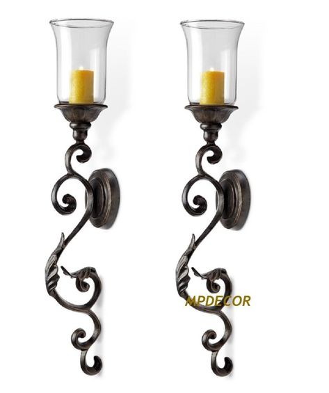 Tuscan Scroll & Leaf  Wall Sconce Candleholder Hurricane Candle Holder ~Set Of 2 #NA #Traditional Iron Windows, Rustic Wall Sconces, Tuscan Decorating, Bronze Patina, Leaf Wall, Garden Candles, Candle Wall Sconces, Tuscan Style, Wall Candles