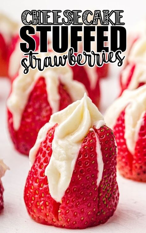 These Cheesecake Stuffed Strawberries are fresh juicy strawberries filled with sweet cream filling that make a perfect little dessert treat! Quick And Easy Cheesecake, Strawberry Cream Cheese Pie, Cheesecake Stuffed Strawberries, Cheese Cake Filling, Stuffed Strawberries, Strawberry Cheesecake Recipe, Cream Cheese Pie, Cake Filling, Dairy Free Cream