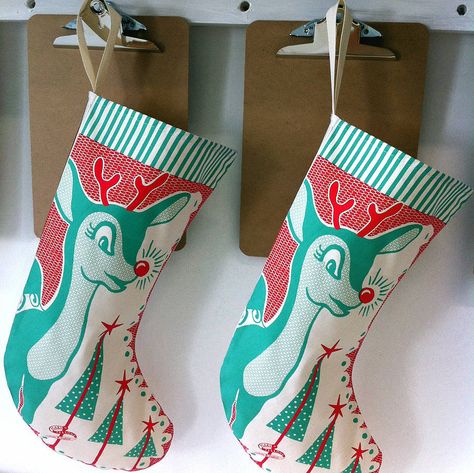 vintage deer christmas stocking by mary fellows | notonthehighstreet.com Vintage Deer Christmas, Christmas Tree Ugly Sweater, Christmas Stocking Ideas, Red Nose Reindeer, Vintage Christmas Stockings, Stocking Ideas, Modern Christmas Decor, Vintage Christmas Images, Heart Christmas