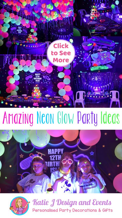 Looking for unique glow-in-the-dark and neon party ideas? Get inspired by Isla's unforgettable neon glow in the dark theme party setup, food, activities, and decorations! School Disco Theme Ideas, Glow And The Dark Party Ideas, Dark Theme Party, Warehouse Rave, Neon Party Ideas, Dance Party Theme, 18th Party Ideas, 30th Ideas, School Disco