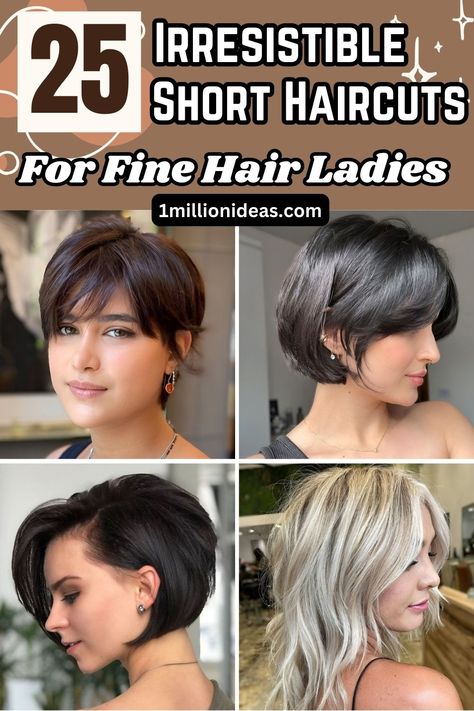 25 Irresistible Short Haircuts For Fine Hair Ladies Ladies Short Hairstyles For Fine Hair, Hair Cut 2024 Girl Short, Short Hair Styles Women Round Face, Haircuts For Straight Fine Thinning Hair, Bob Haircuts For Women With Fine Hair, Women’s Haircuts For Fine Hair, Short Wavy Bob Fine Hair, Short Hair Cuts For Fine Hair 2023, Short Hairstyle Oval Face Women