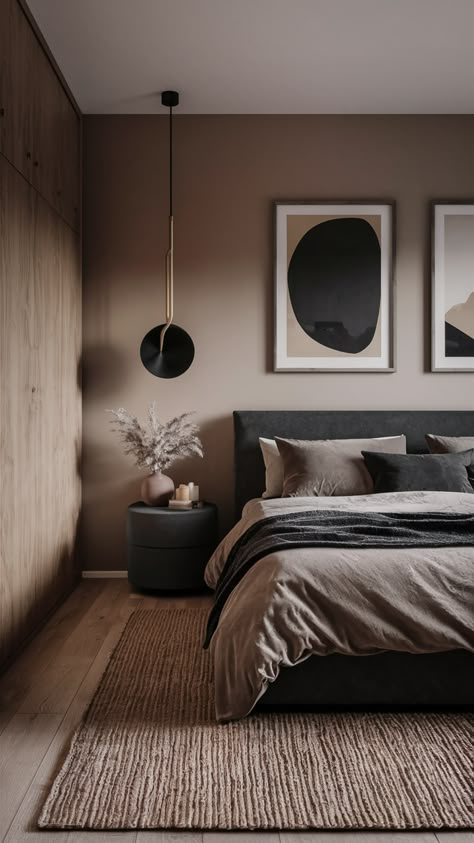 22 Cozy and Modern Brown Bedroom Ideas: Aesthetic Designs with Dark, Beige, and Green Accents Masculine Couples Bedroom, Dark Bedroom With Accent Wall, Beige Wall In Bedroom, Cozy Bedroom Ideas Dark Colors, Gray And Black Color Schemes, Neutral Dark Bedroom, Light Bedroom With Dark Furniture, Soho House Interiors Bedroom, Cozy Bedroom Ideas For Couples Romantic Dark Walls