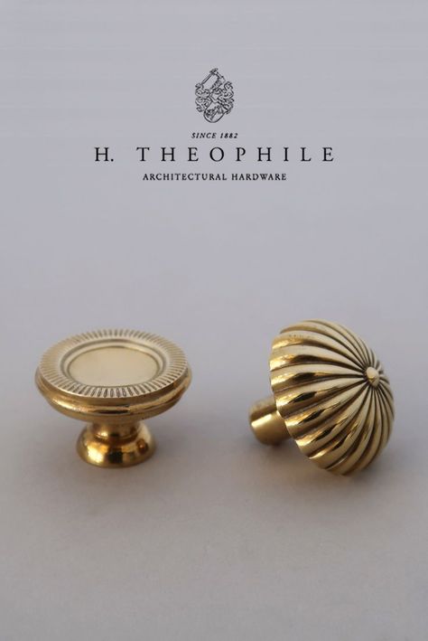 Decorate Your Cabinets. Unique Cabinet Pulls by H. Theophile. A cabinet pull with knurled details with a concave center, and a miniture melon pull add unique decorative details to cabinets and drawers. Well-suited for use on kitchen cabinets, bathroom vanities, closet doors, kitchen drawers, and dressing rooms. Shown in polished brass. Available in a range of finishes. Find these unique designs and browse the full collection of door knobs, levers, and pulls in H. Theophile's catalog. Unique Cabinet Hardware, Bathroom Cabinet Colors, Cozy Cottage Kitchen, Brass Cabinet Hardware, Unique Cabinets, Bathroom Redesign, Drawer Hardware, Kitchen Drawers, Bathroom Cabinets