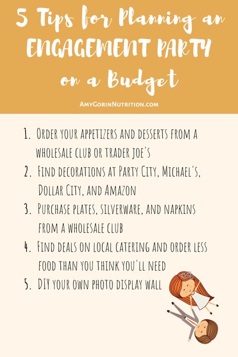 Newly engaged and planning an engagement party on a budget? Is the cost of wedding planning overwhelming you? Consider these money-saving ideas for a party that won’t break the bank. #engagementparty #bridetobe #isaidyes #brideonabudget #engaged Small Engagement Dinner Ideas, Budget Friendly Engagement Party, Budget Engagement Party, Engagement Party List, Engagement Party On A Budget, Engagement Party Checklist, Engagement Party Budget, Planning An Engagement Party, Party Ideas On A Budget