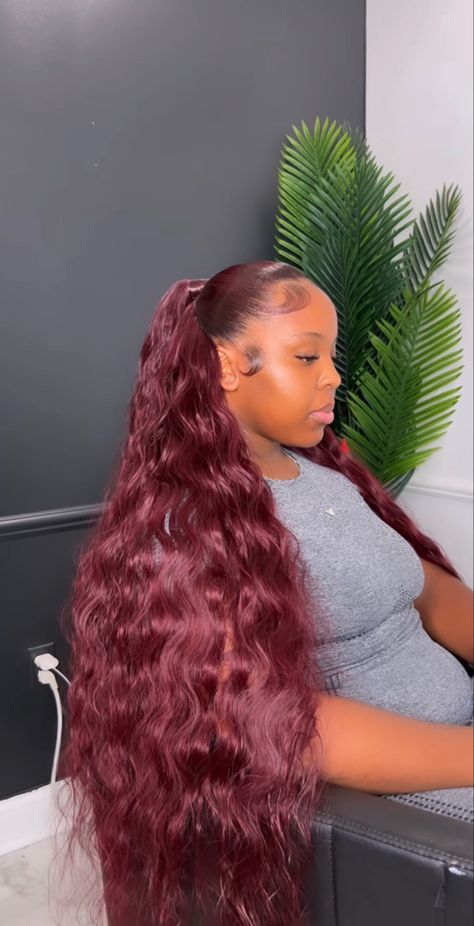 Burgundy Hairstyles Black Women, Burgundy Half Up Half Down Weave, Burgundy Hairstyles, Bundles Hairstyles, Curly Hair Sew In, Red Weave Hairstyles, Baby Brent, Red Hairstyles, Braided Hairstyles For Black Women Cornrows