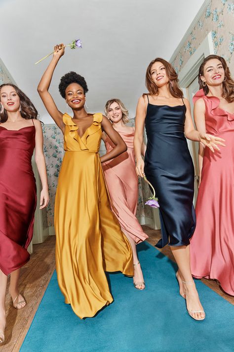 Midi and maxi length satin bridesmaid dresses in ruby red, pink, coral, mustard, and navy for Fall 2020  #bridesmaiddresses #bridesmaids #dresses #dress #weddings #weddingideas #bridesmaid Jewel Tone Bridesmaid Dresses, Jewel Tone Bridesmaid, Rainbow Bridesmaids, Different Bridesmaid Dresses, Mix Match Bridesmaids, Bhldn Bridesmaid Dresses, Bhldn Bridesmaid, Spring Bridesmaid Dresses, Summer Bridesmaid Dresses