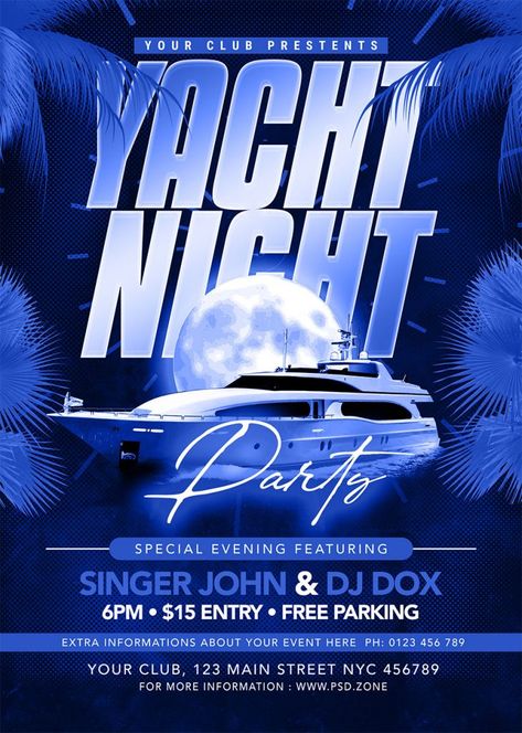 Yacht Party Flyer, Party Yacht, Flyer Background, Photoshop Training, Summer Cocktail Party, Free Psd Flyer, Yacht Party, Party Names, Psd Flyer