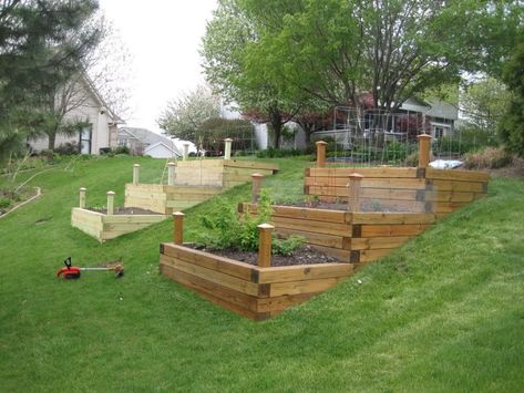 Planters On A Hill, Sloped Yard Garden Beds, Raised Bed Garden On A Hill, Raised Perimeter Garden Beds, Stained Garden Beds, Raised Bed On Slope, Tiered Raised Garden Beds On A Slope, Garden On Sloped Yard, Raised Garden Beds Sloped Yard