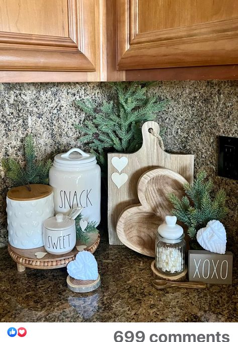 Kitchen Counter Tray Decor, Corner Countertop Decor, Valentines Display, Boho Farmhouse Kitchen, Counter Top Decor, Decorate House, Vintage Valentines Decorations, Kitchen Countertop Decor, Kitchen Decorations